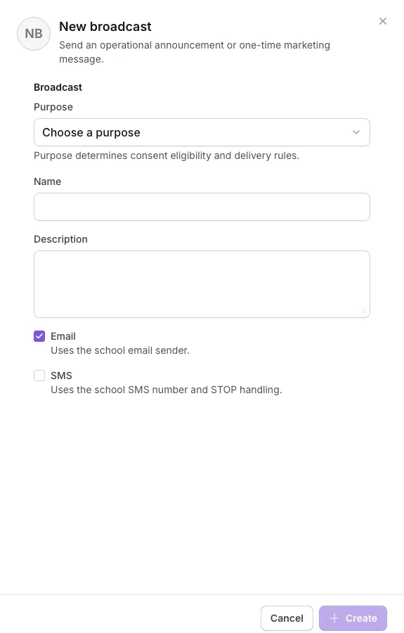 New broadcast panel with purpose, name, description, email, and SMS choices
