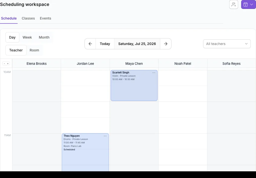 Day schedule with teacher columns, lesson cards, and calendar filters