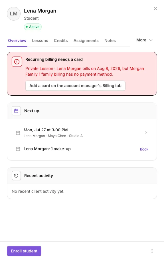 Student detail panel with status, tabs, billing attention, and next lesson