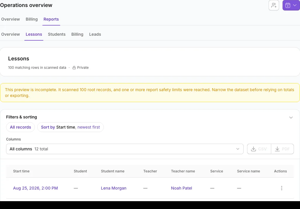 Report builder with an incomplete preview warning, filters, and columns