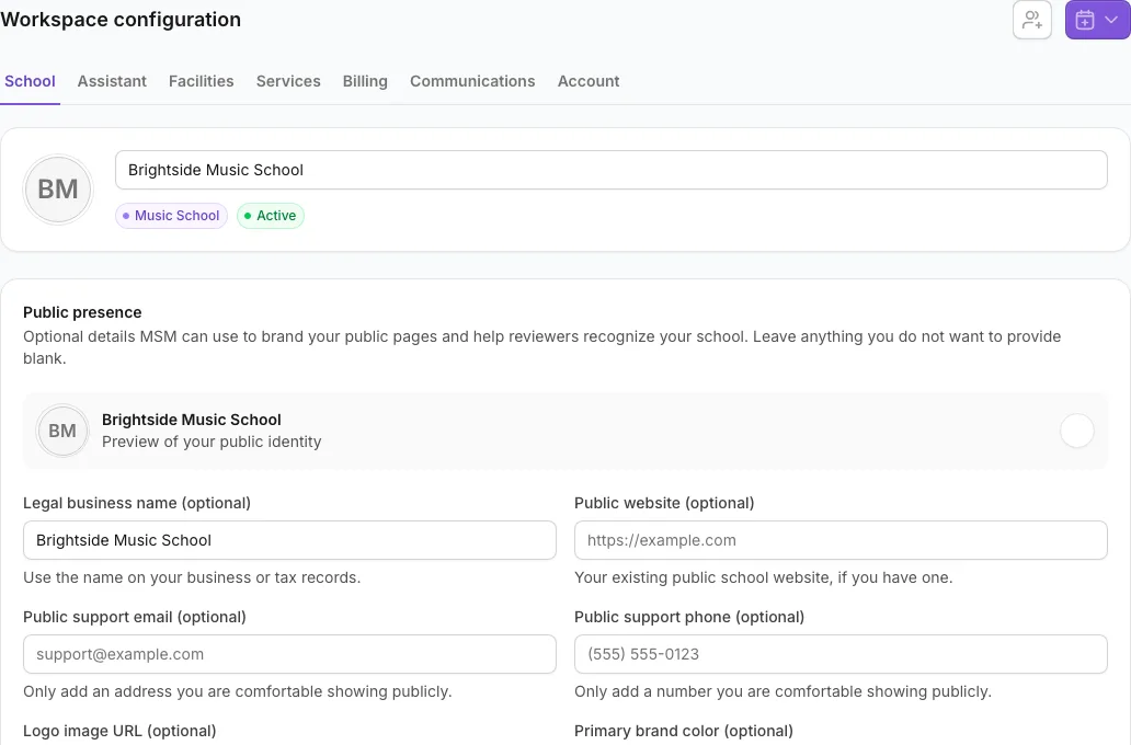 School settings with profile tabs and optional public presence fields