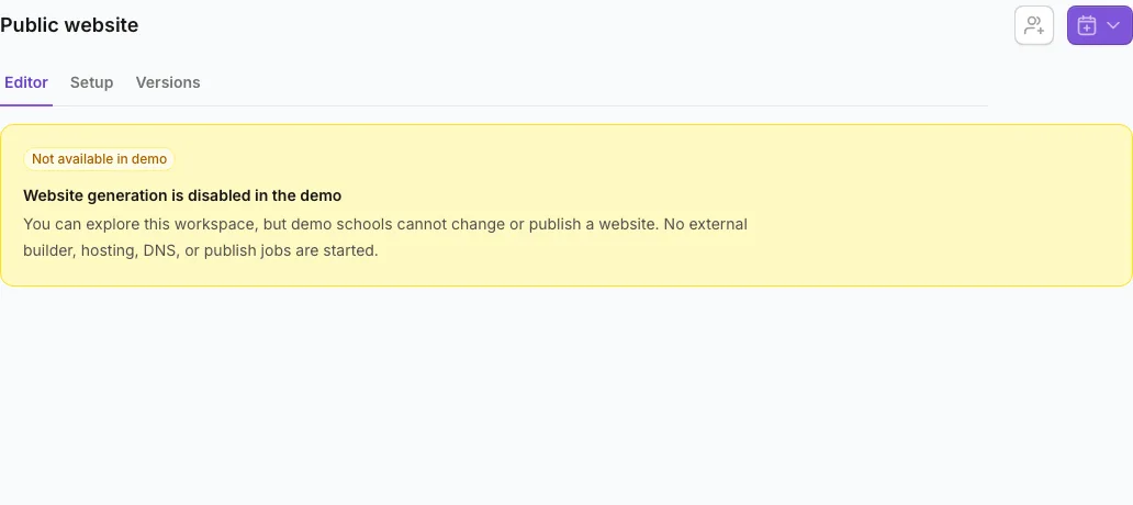 Website Editor showing that website generation is unavailable in the demo