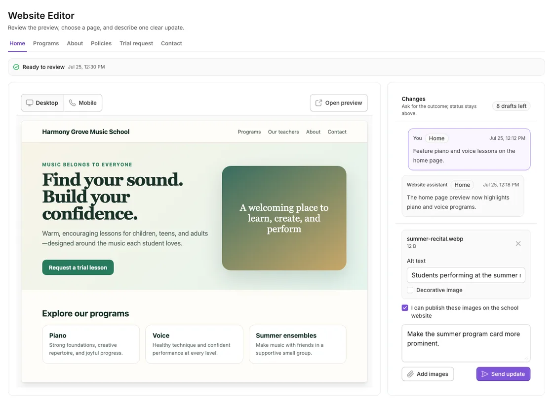 Website Editor with page tabs, desktop and mobile controls, a preview, change history, and image fields